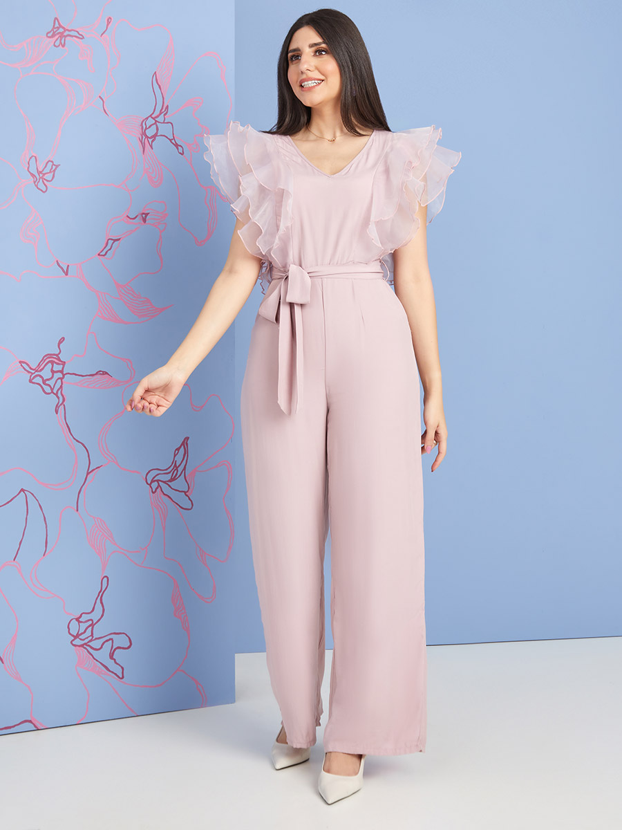 Ruffled Organza Sleeve Wide Leg Jumpsuit with Tie Belt For Women