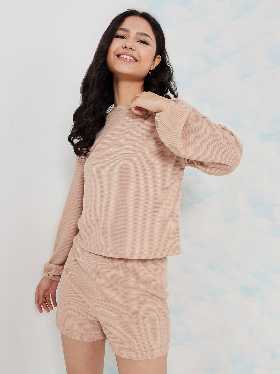 Waffle Knit Long Sleeves Top and Short Lounge Set For Women at