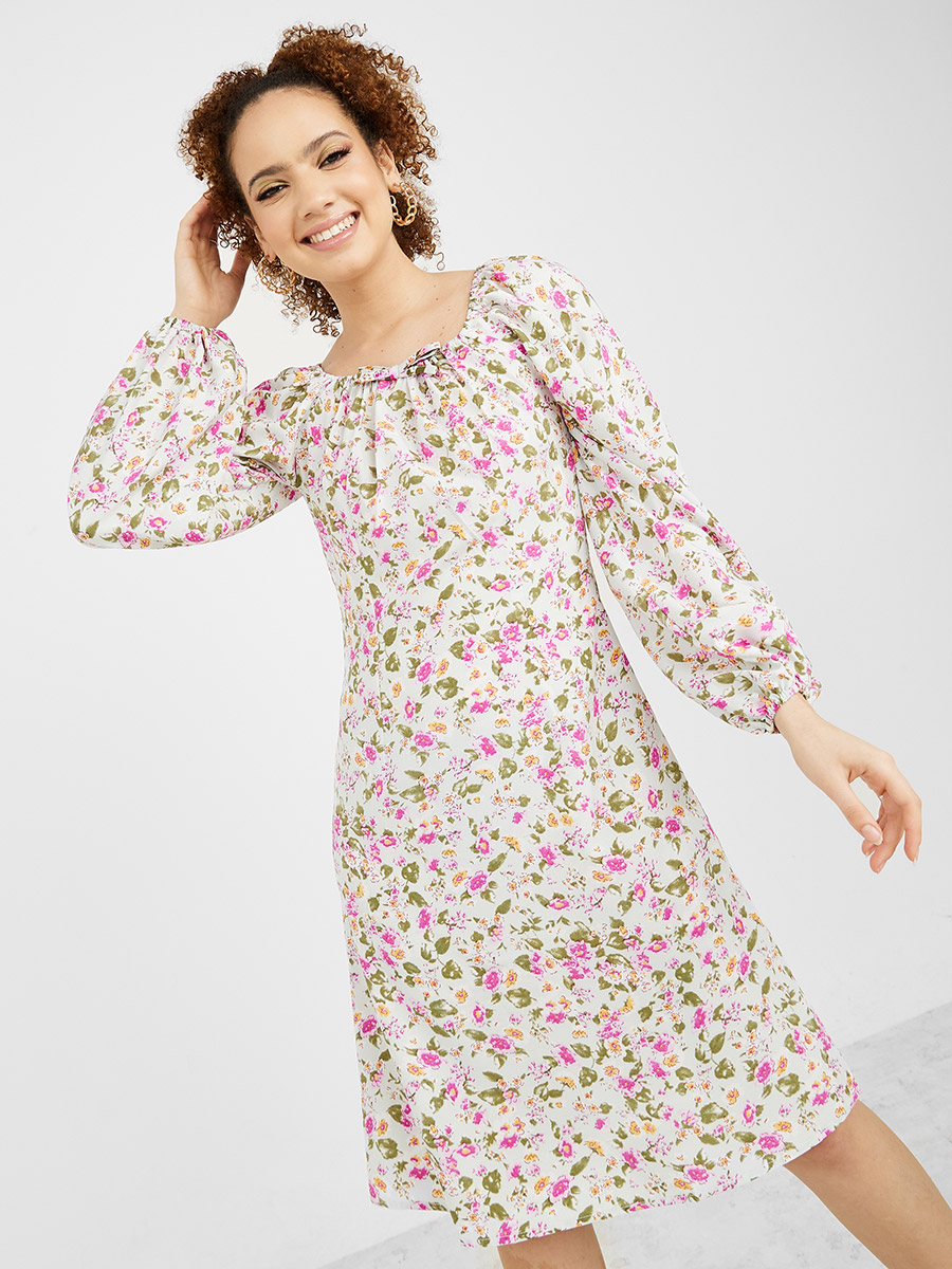 Floral Print Boat Neck A-Line Knee 
