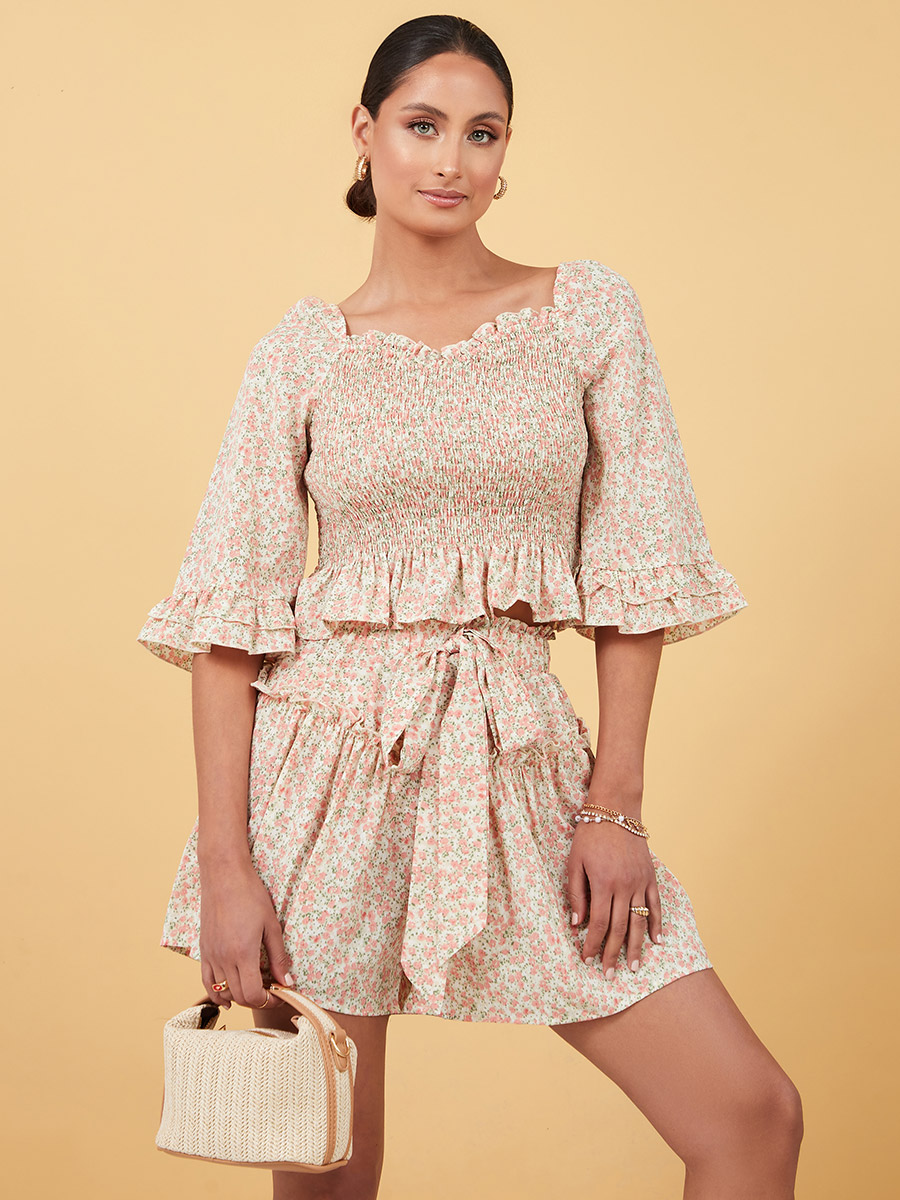 3/4 Bell Sleeves Floral Print Top and Shorts Co-Ord Set For Women