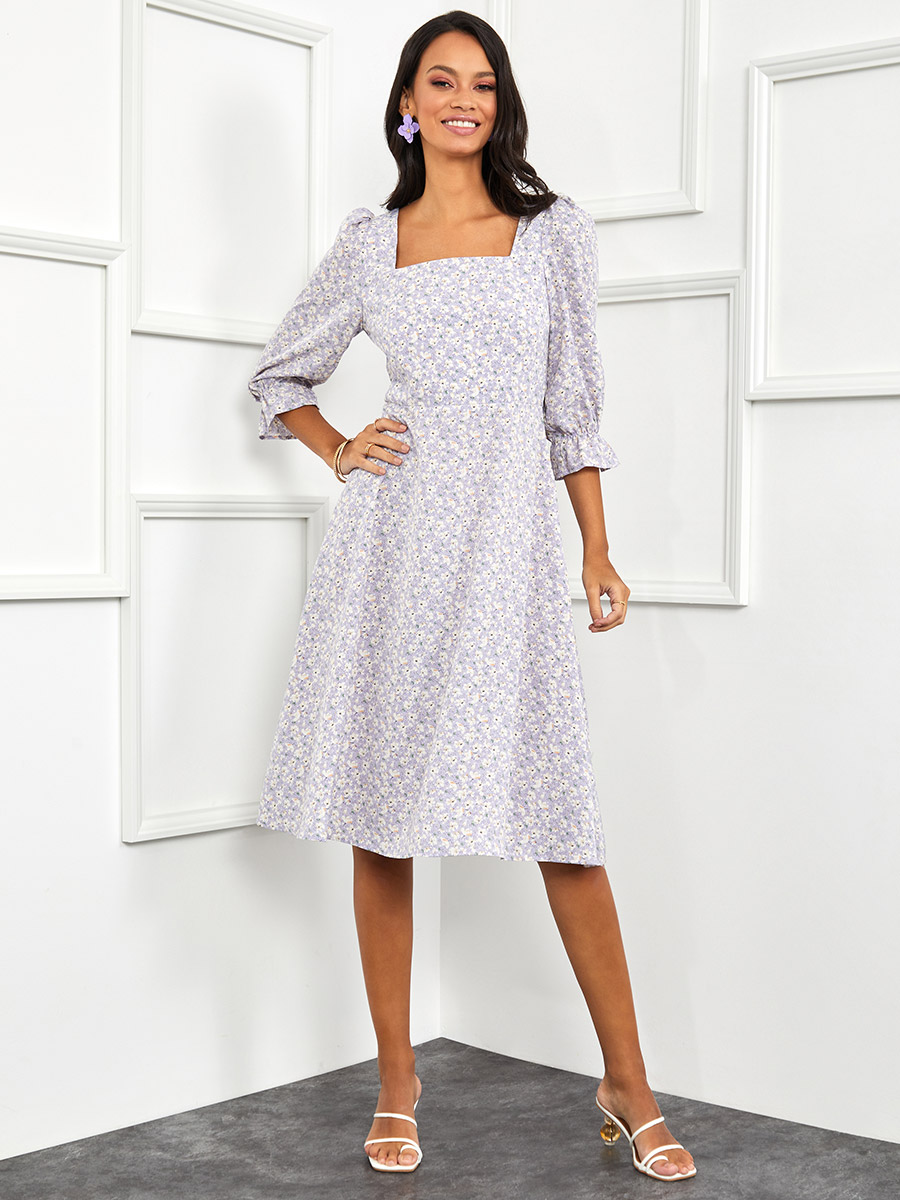 Buy 3/4 Sleeves Floral Print Square Neck A-Line Midi Dress
