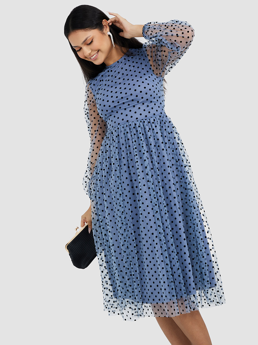 Long Sleeves Polka Mesh Insert A-Line Midi Dress