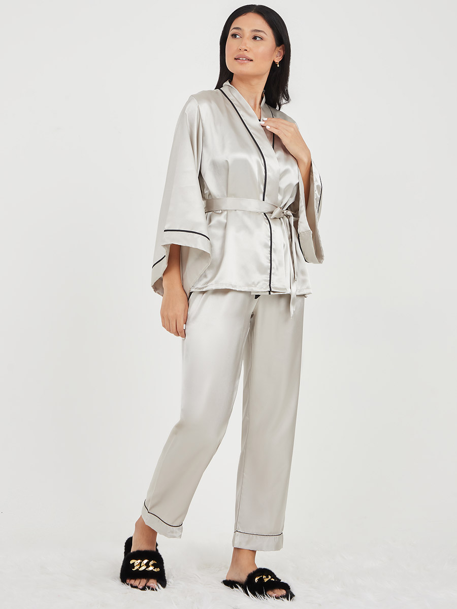 silk pyjamas and dressing gown Womens Satin Robe Set Nightgown with Robes Silk Bathrobe Pajama Set 2 Pieces Lingerie Cowl Neck Cami Sleepwear Sets Black at Amazon Women's Clothing store