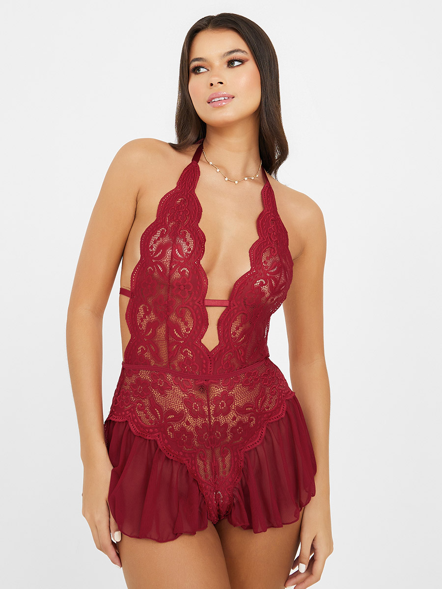All Lace Detail Deep Plunge Neck Low Back Bodysuit with Ruffle Hem