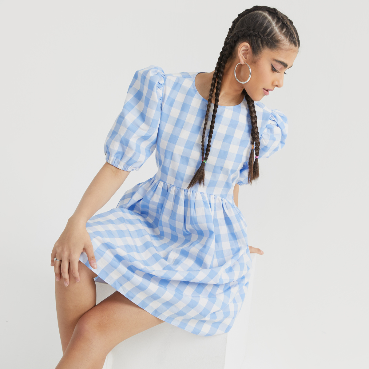 Buy Puff Sleeves Gingham Check Skater Knee Length Dress Blue