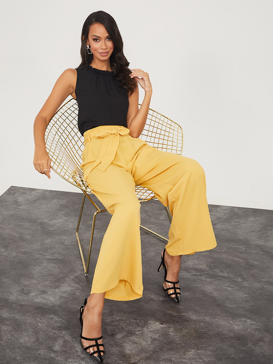 Mustard Wide Leg Paperbag Trousers | In The Style