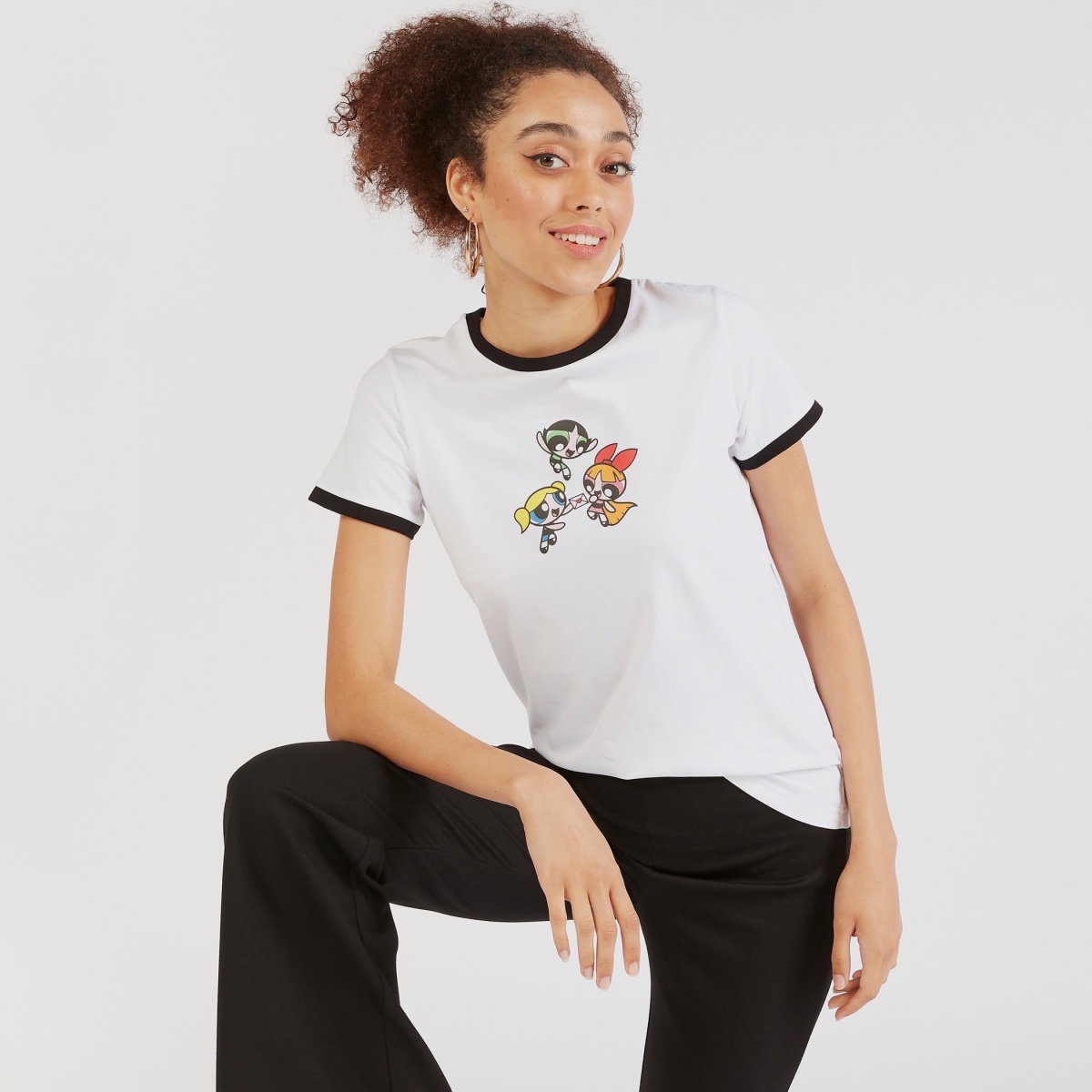 Short Sleeves Powerpuff Girls Print Crew Neck T-shirt For Women at