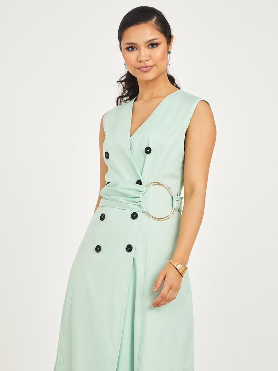 Buy Sleeveless Blazer Maxi Dress with O-Ring Buckle Belt
