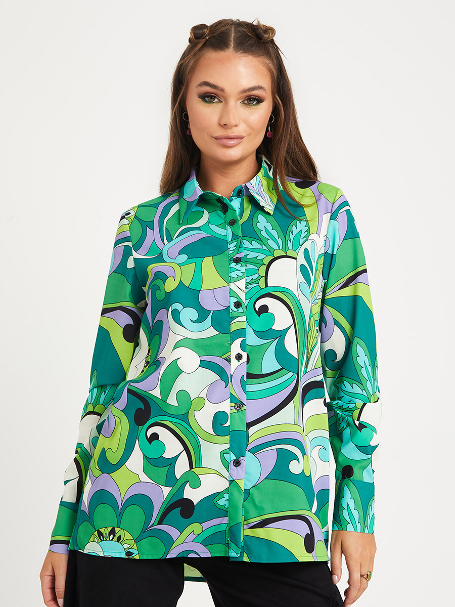 Buy Long Sleeves Abstract Print Longline Shirt Green For