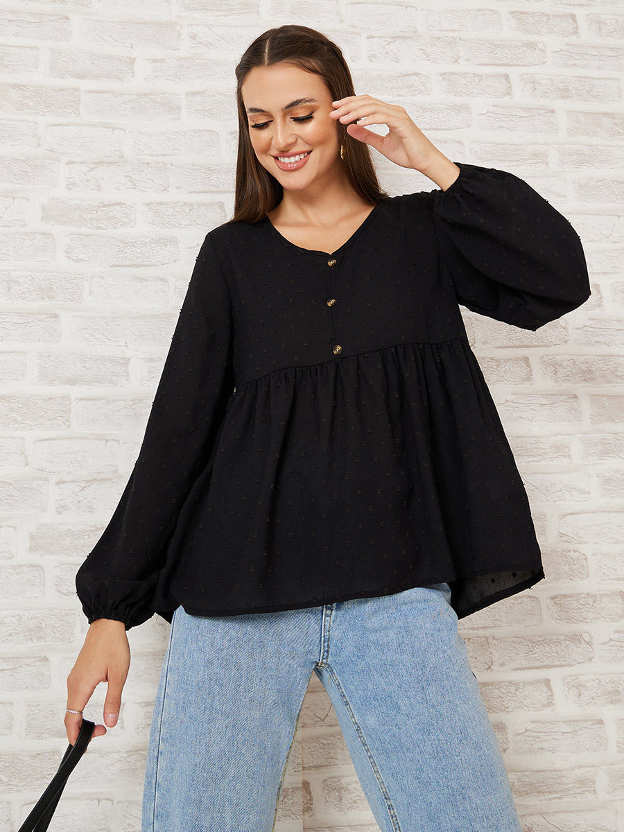 Buy Long Sleeves Button Detail Dobby Chiffon Blouse Black For
