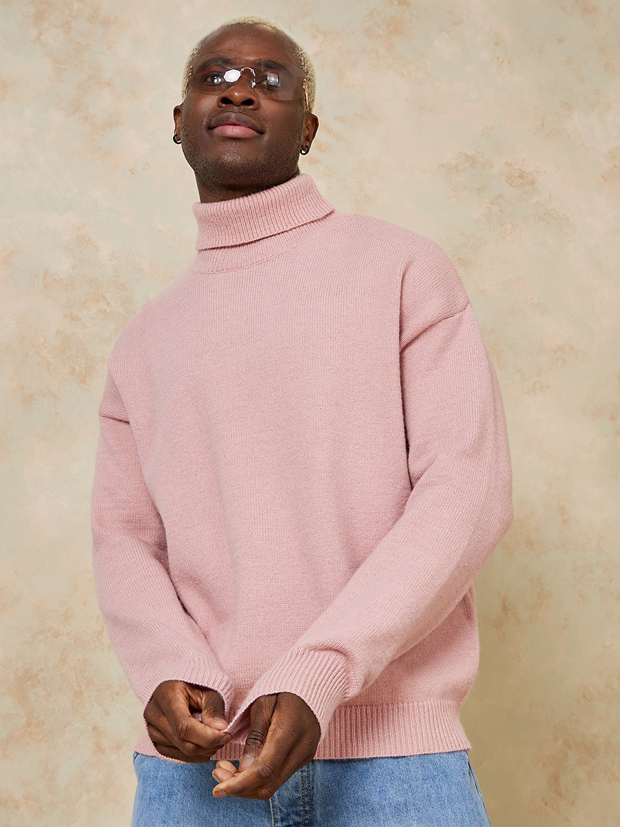 Oversized Turtle Neck Chunky Sweater with Exposed Seam For Men at