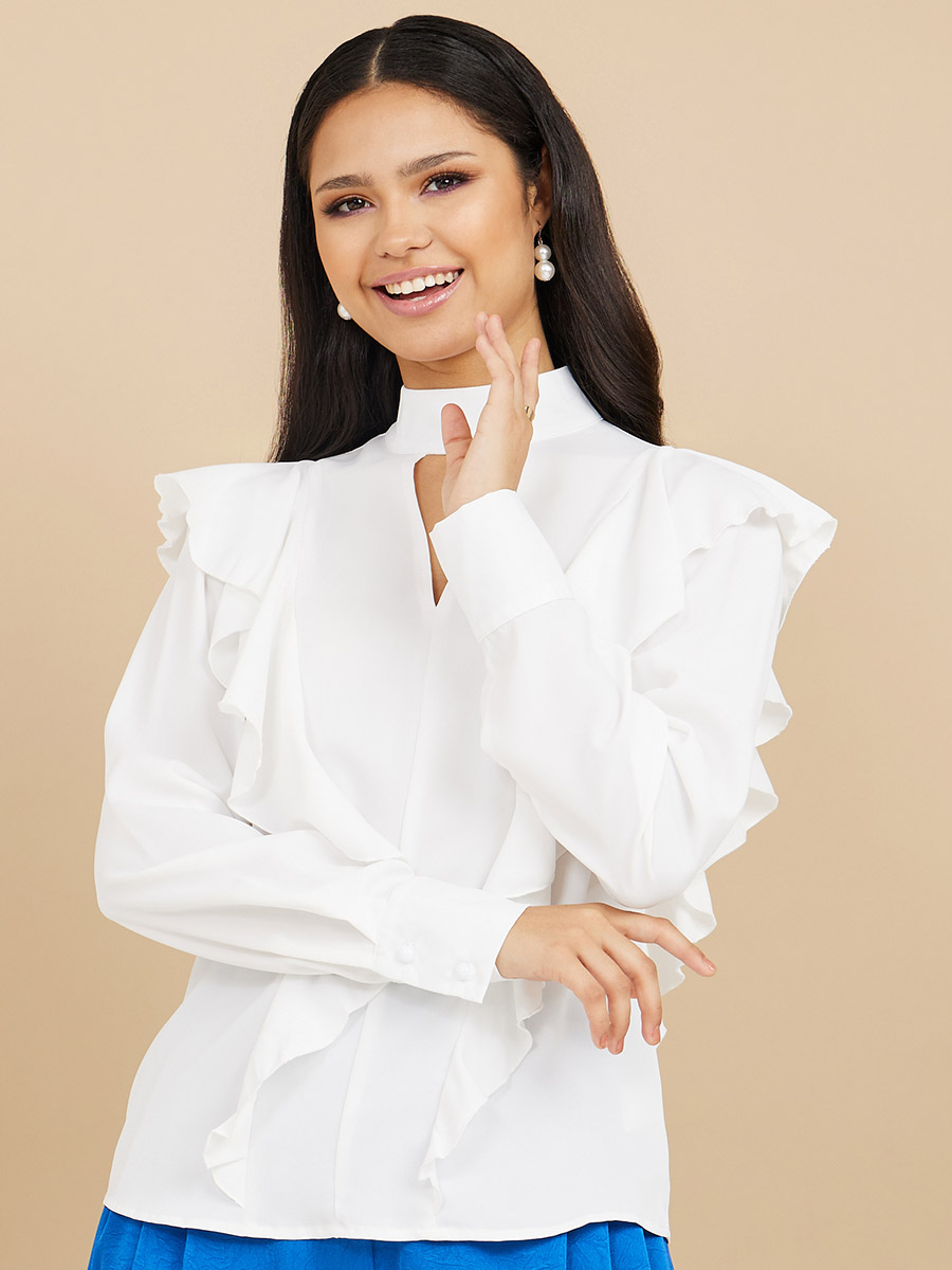 White ruffle blouse long sleeve cheap