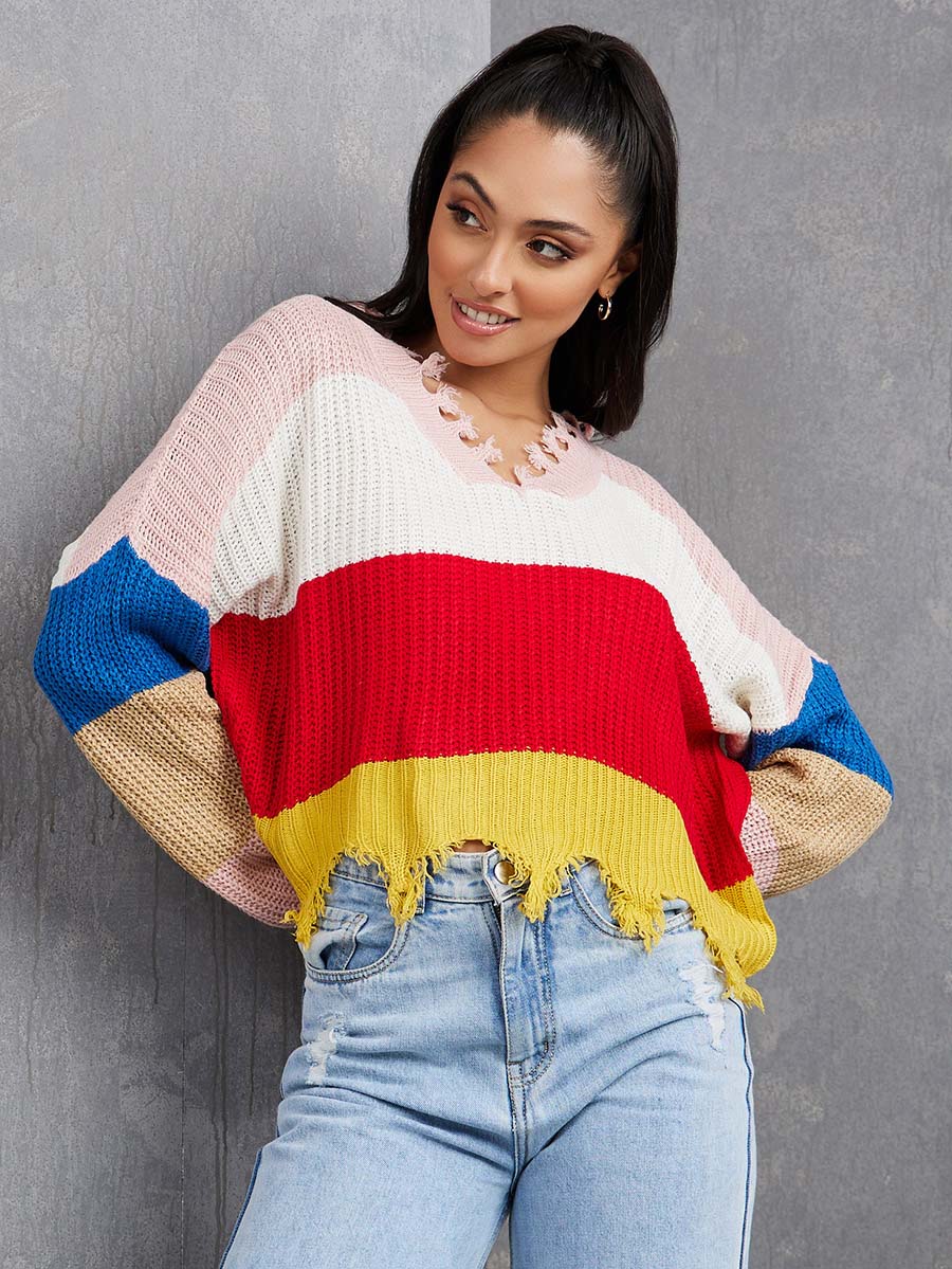 Colorblock Distressed Hem Boxy Sweater