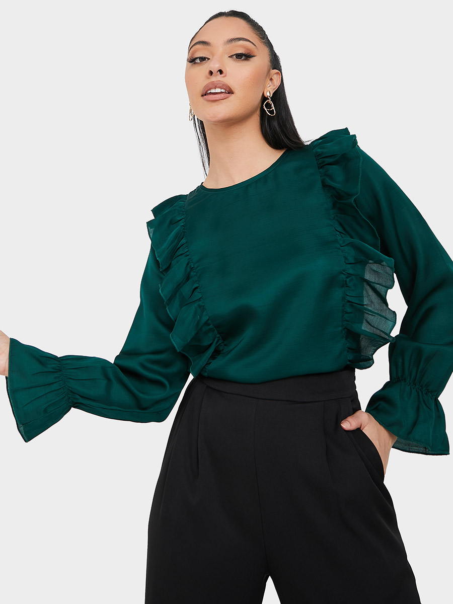 Buy Frill Cuff Ruffle Detail Woven Regular Fit Blouse Green