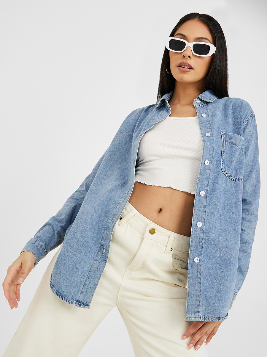 Acid Wash Oversized Denim Shirt with Single Pocket For Women at