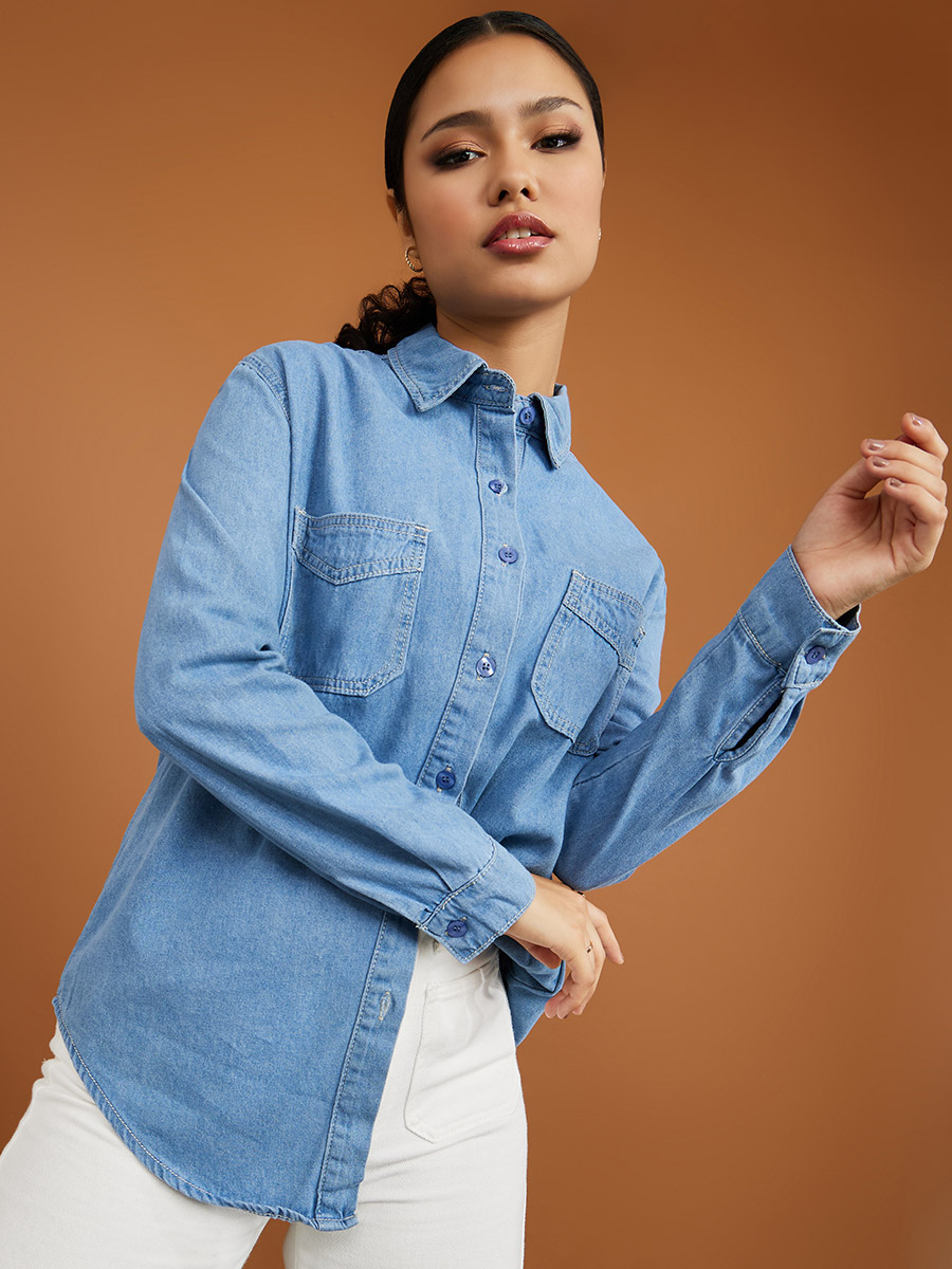 Oversized Longline Denim Shirt with Patch Pocket For Women at