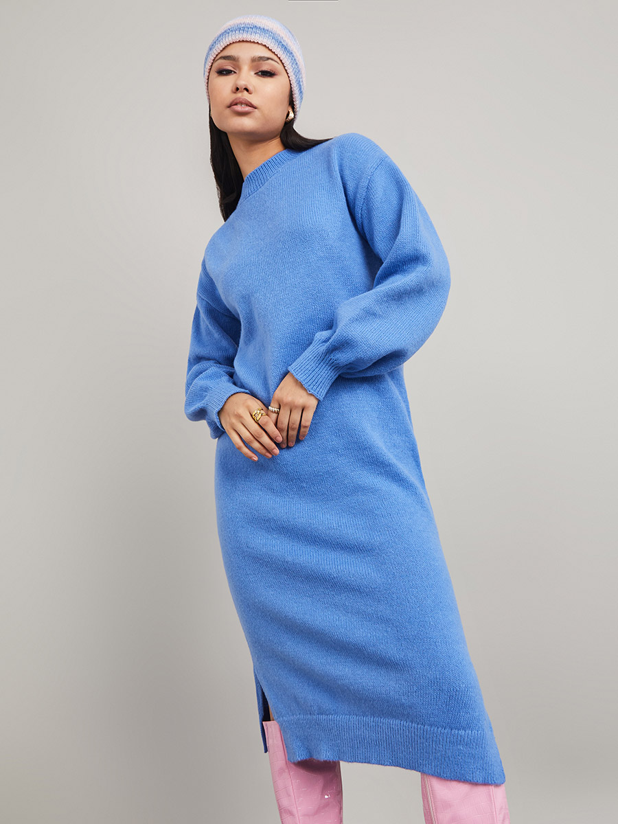 High Neck Side Slit Detail Sweater Midi Winter Dress For Women at
