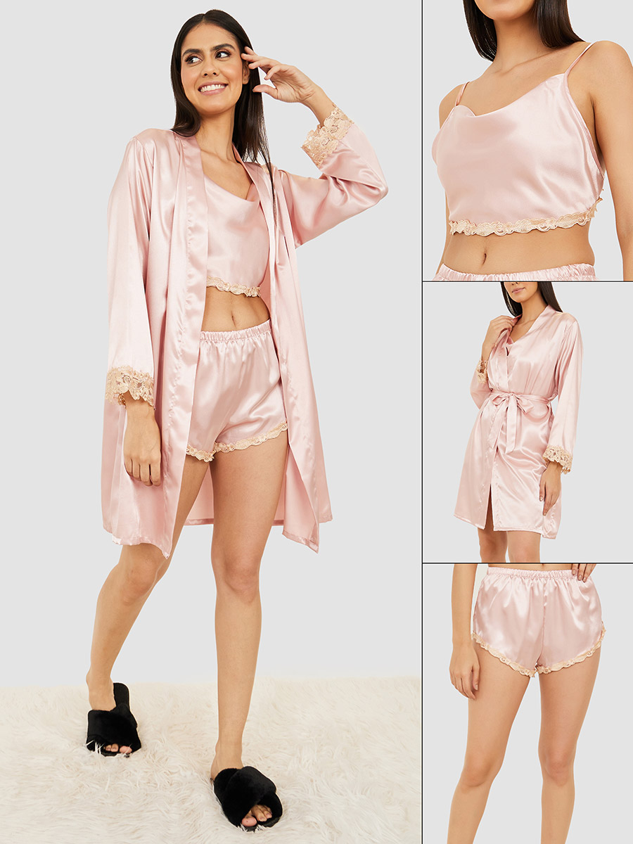 Buy Pack of 3 - Guipure Edge Cami, Shorts and Robe Pink For