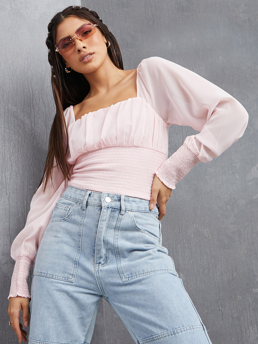 Long Sleeves Square Neck Shirred Top For Women at Kuwait Styli