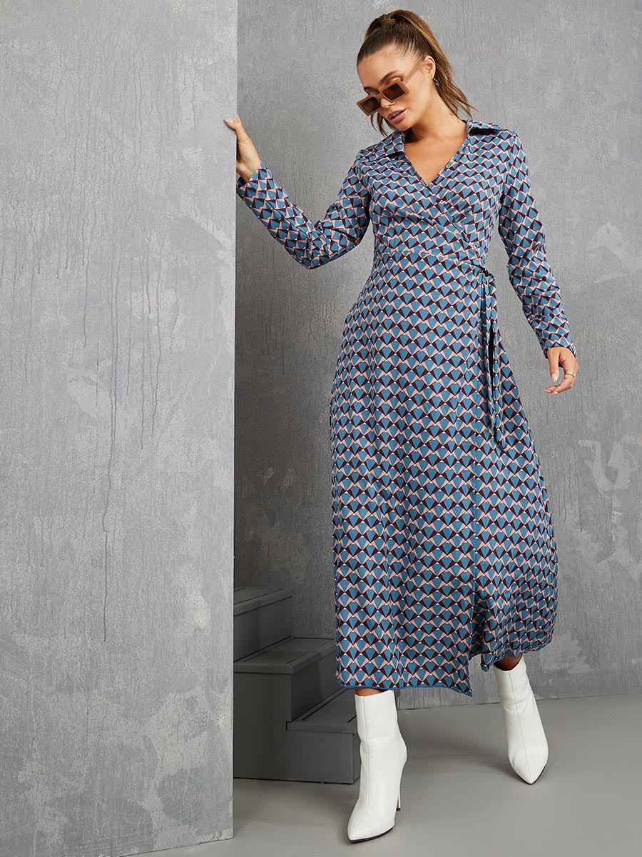Long Sleeves Geometric Design Wrap Midi Dress For Women at UAE Styli