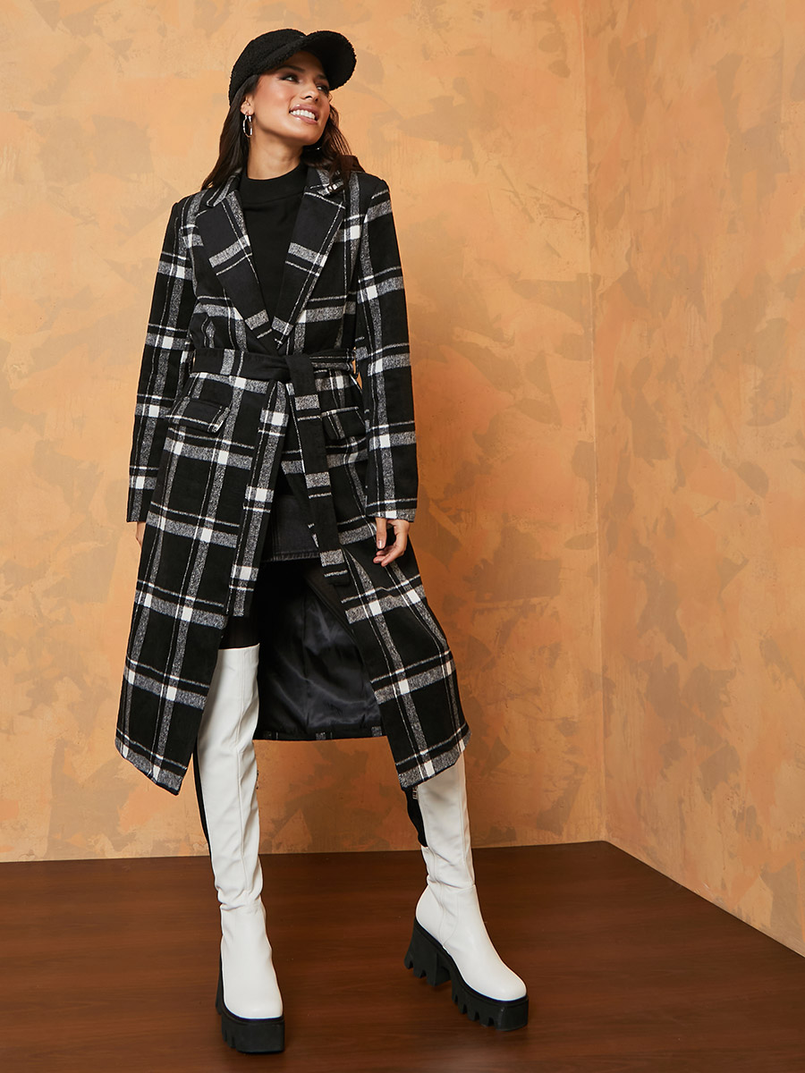 Plaid Belted Long Black Coat Plaid Wool Coat Womens Checked Trench