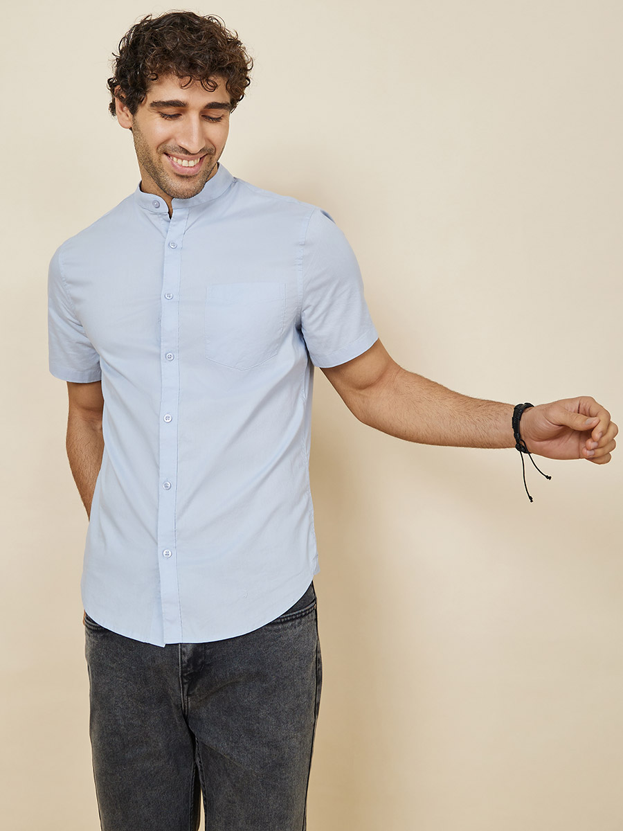 Slim Fit Stretch Cotton Grandad Collar Short Sleeve Shirt For Men