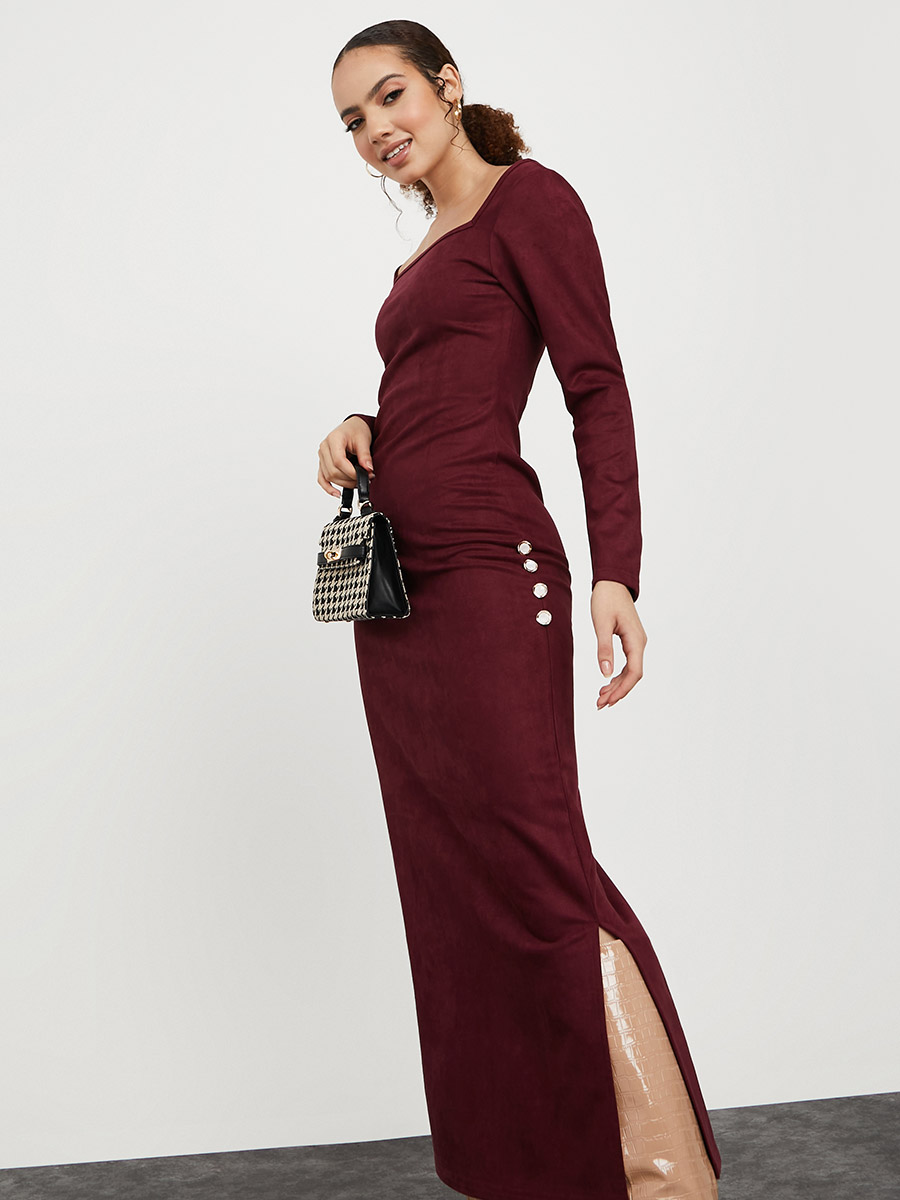 Long Sleeves Suede Look Maxi Dress with Side Slit For Women at