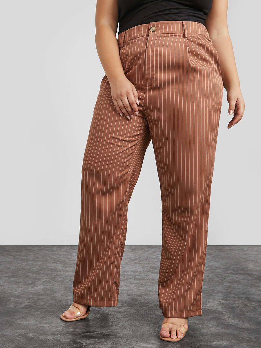 Plus High Waist Pinstripe Casual Trouser For Women at UAE Styli
