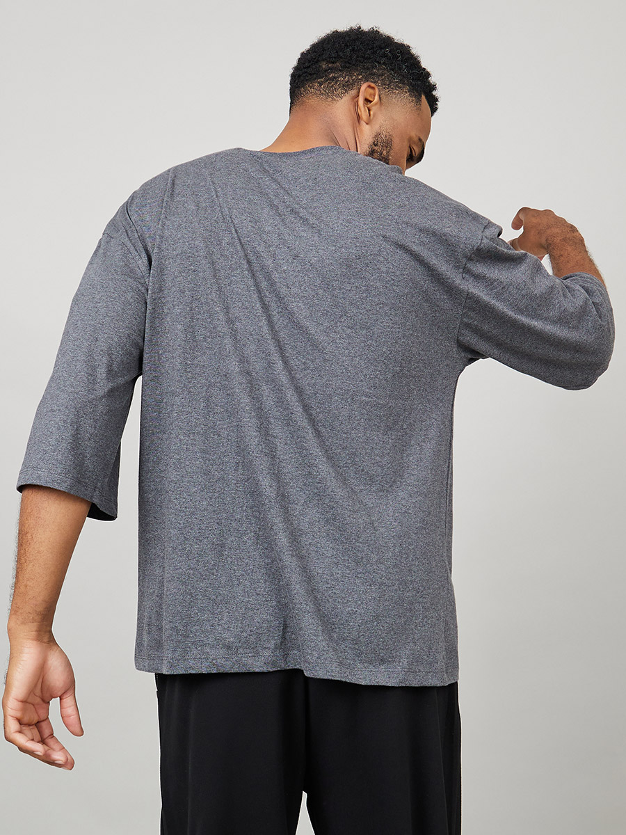 Buy 3/4 Sleeve Boxy T-Shirt with Cut and Sew Detail Grey For