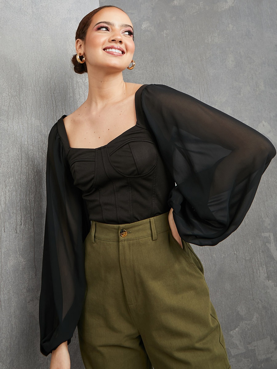 Buy Sheer Balloon Sleeves Sweetheart Neck Crop Blouse Black For Women Styli UAE