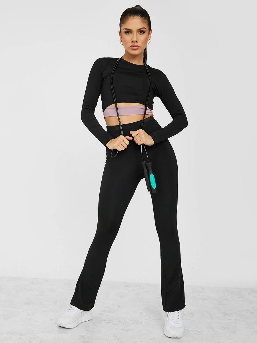 Long Sleeves Contrast Underband Top and Flare Leggings