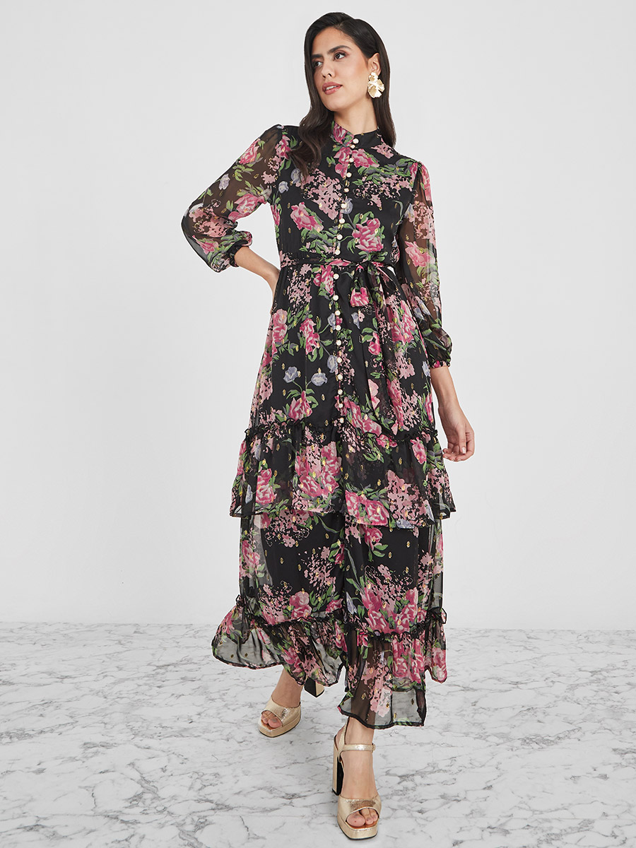 Long Sleeves High Neck Floral Print Maxi Dress For Women at Kuwait