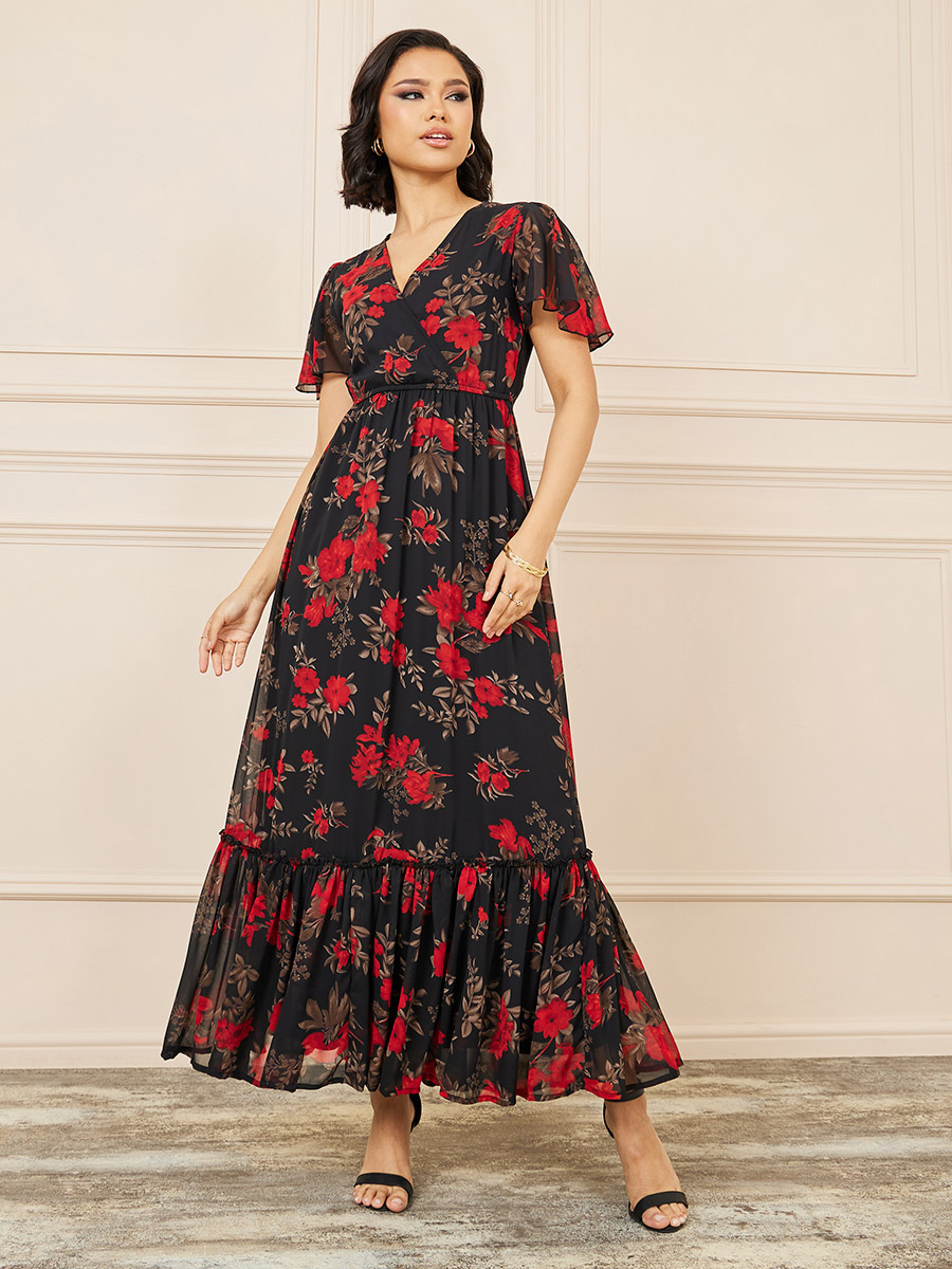 Frill Sleeve Floral Print Tiered Midi Dress For Women at UAE Styli