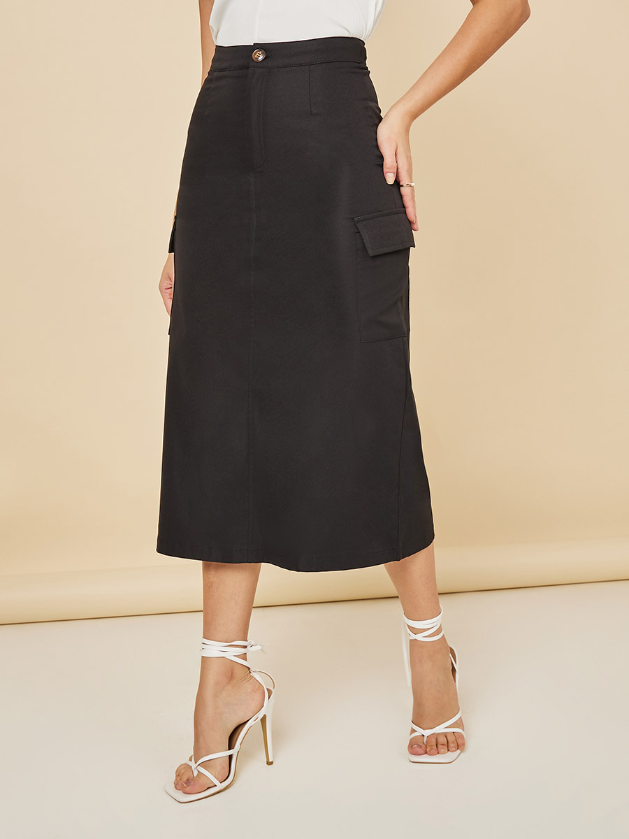 Buy A-Line Solid Midi Skirt with Cargo Pocket Black For Women