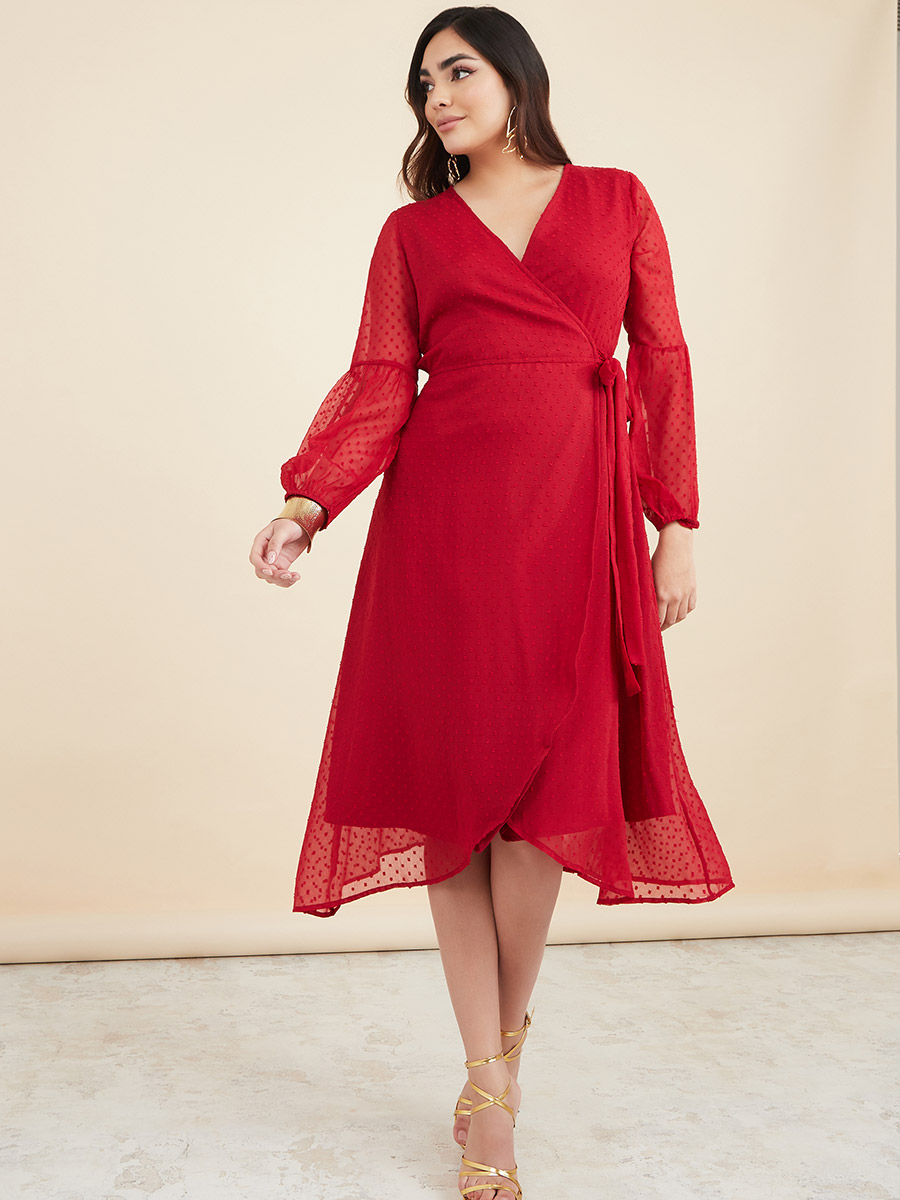 Bishop Sleeve Dobby Spot Wrap Midi Dress For Women at Bahrain Styli