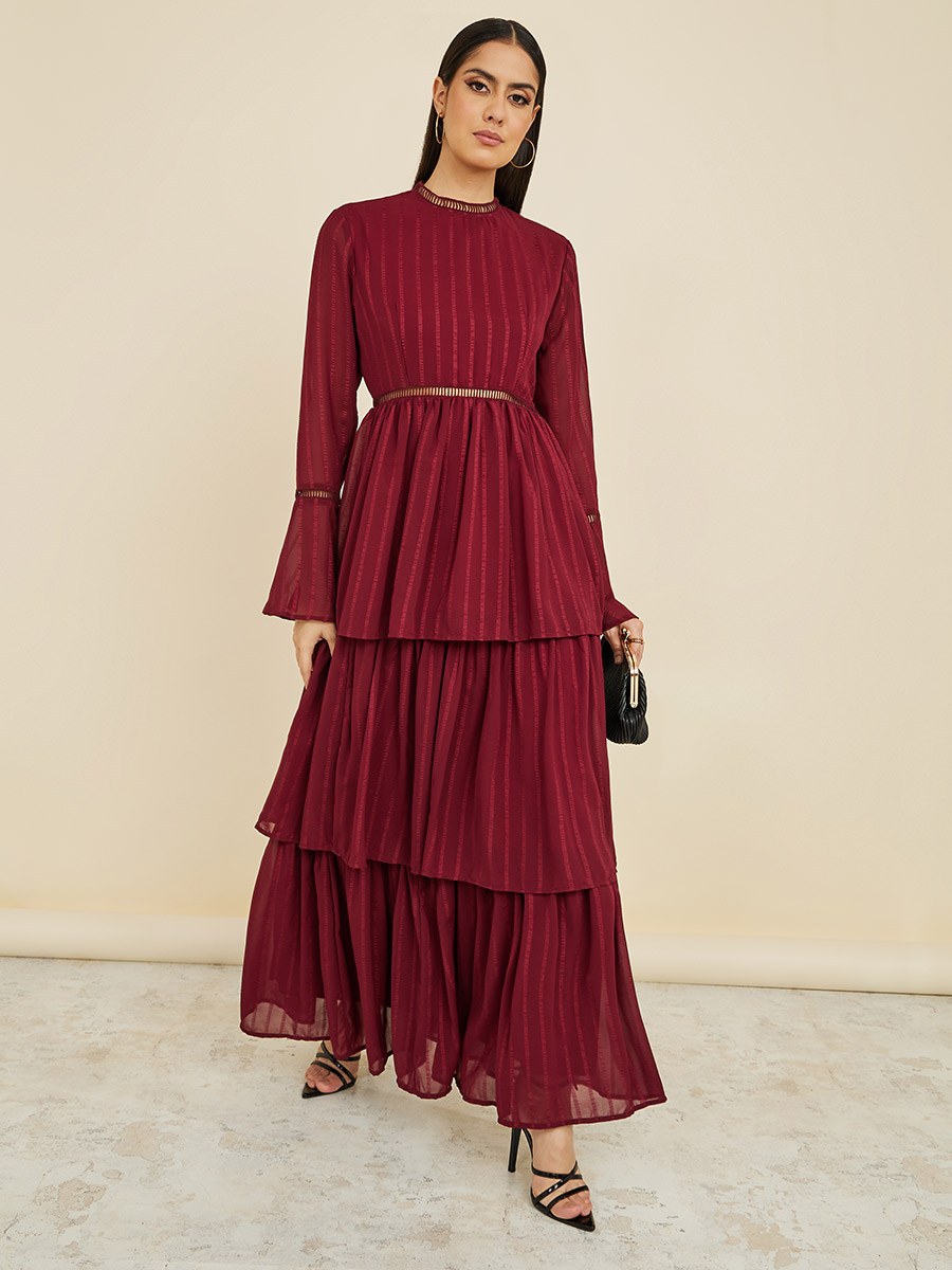 Bell Sleeves Textured Layered Maxi Dress For Women at Saudi Styli
