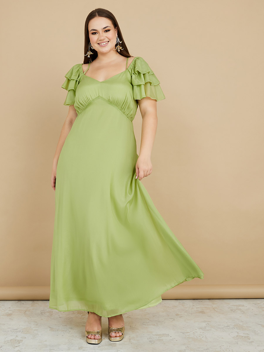 green tie up dress Lace Up Tie-Back Corset Maxi Dress with Front Slit