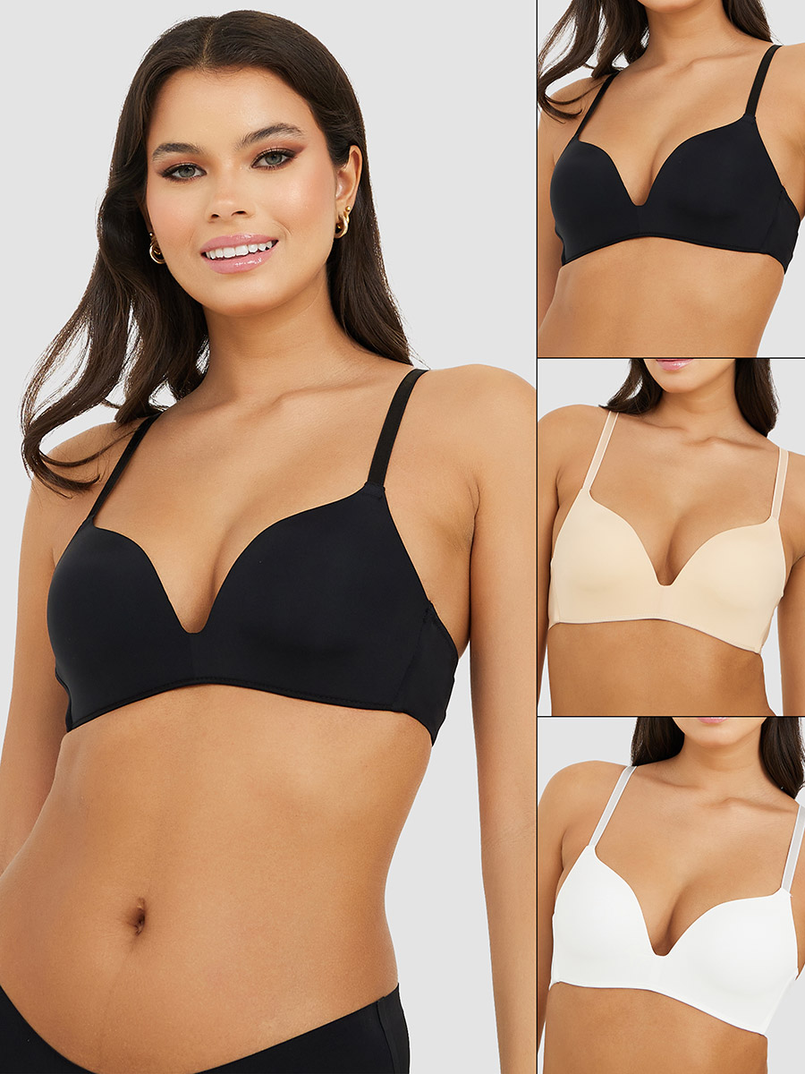 Pack of 3 - Solid Padded Non Wired Plunge Bra