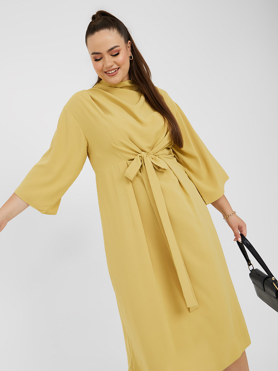 Plus 3/4 Sleeve Tie Front Detail Shift Midi Dress For Women at