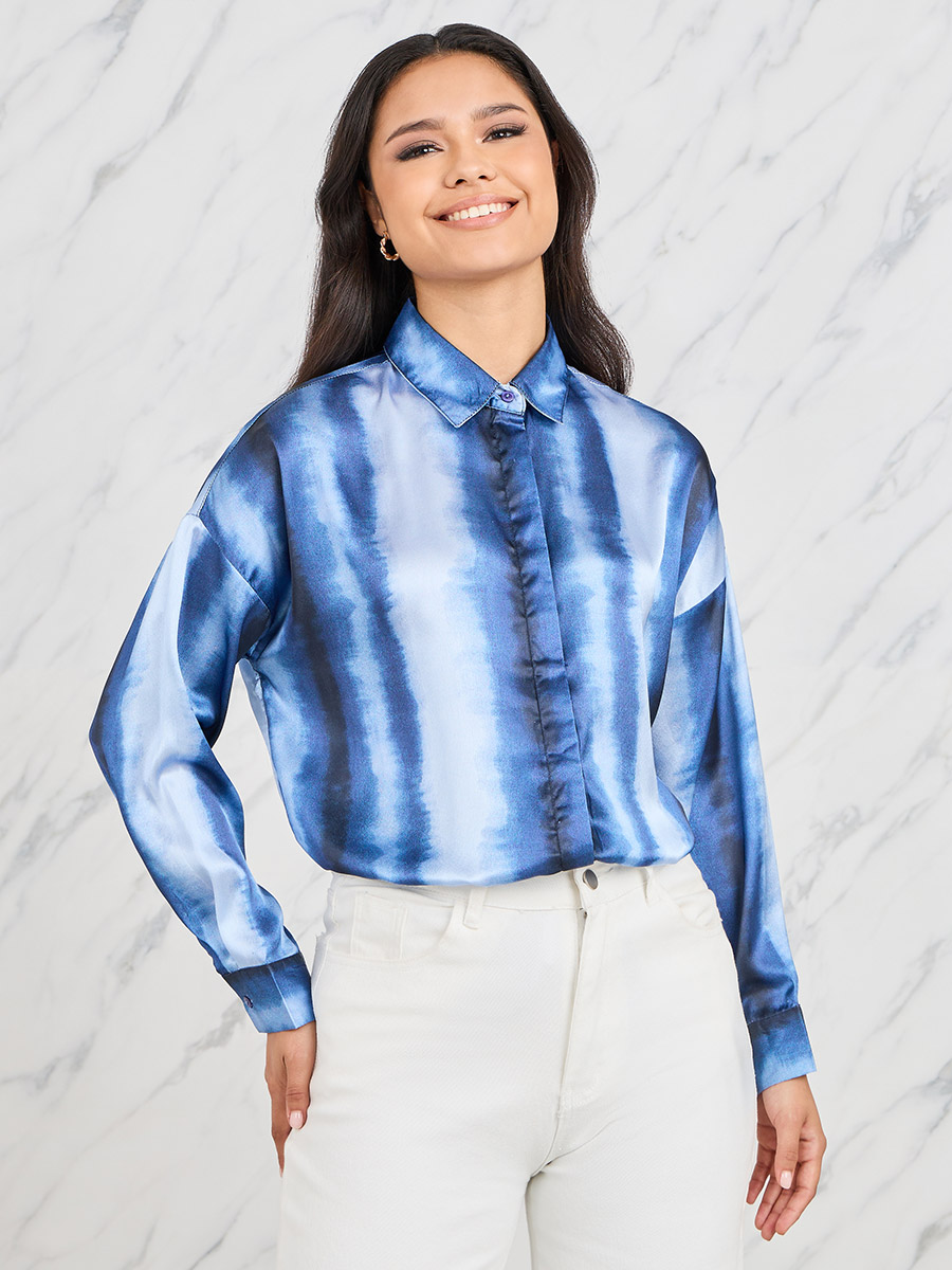 Tie Dye Stripe Print Drop Shoulder Shirt For Women at UAE Styli