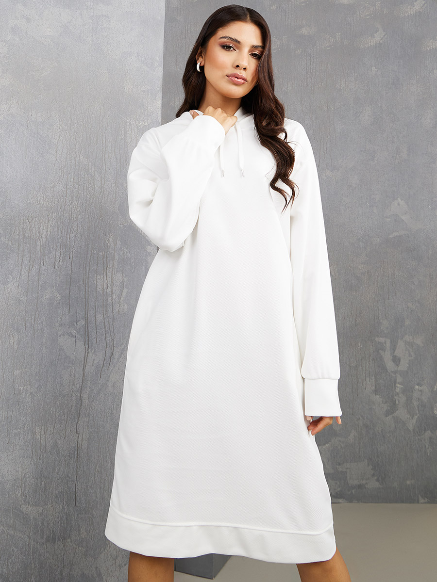 Buy Textured Knit Knee Length Hoodie Winter Dress White For