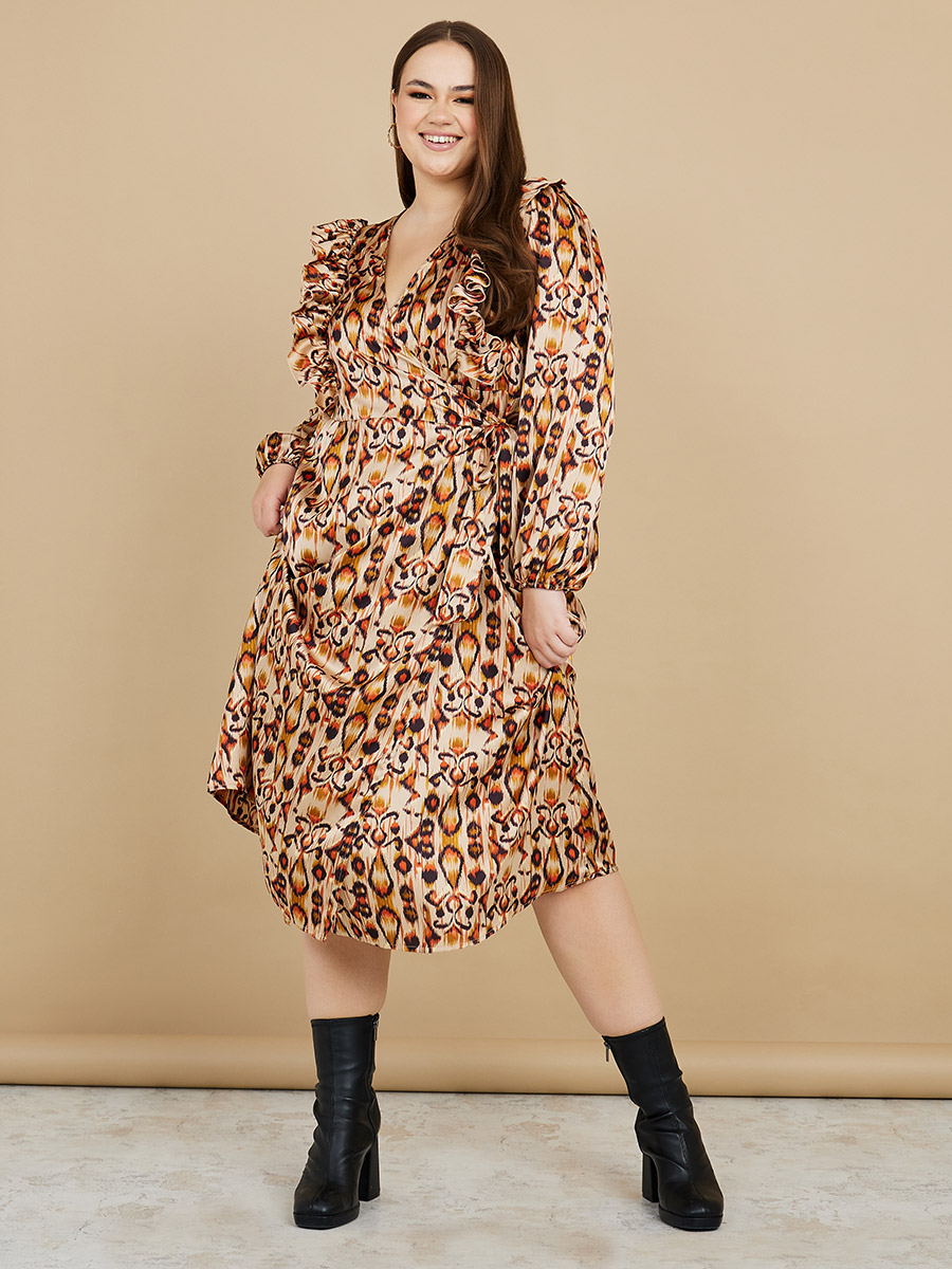 Long Sleeve Plus Size Ruffle Wrap Dress Plus Floral Ruffle Wrap