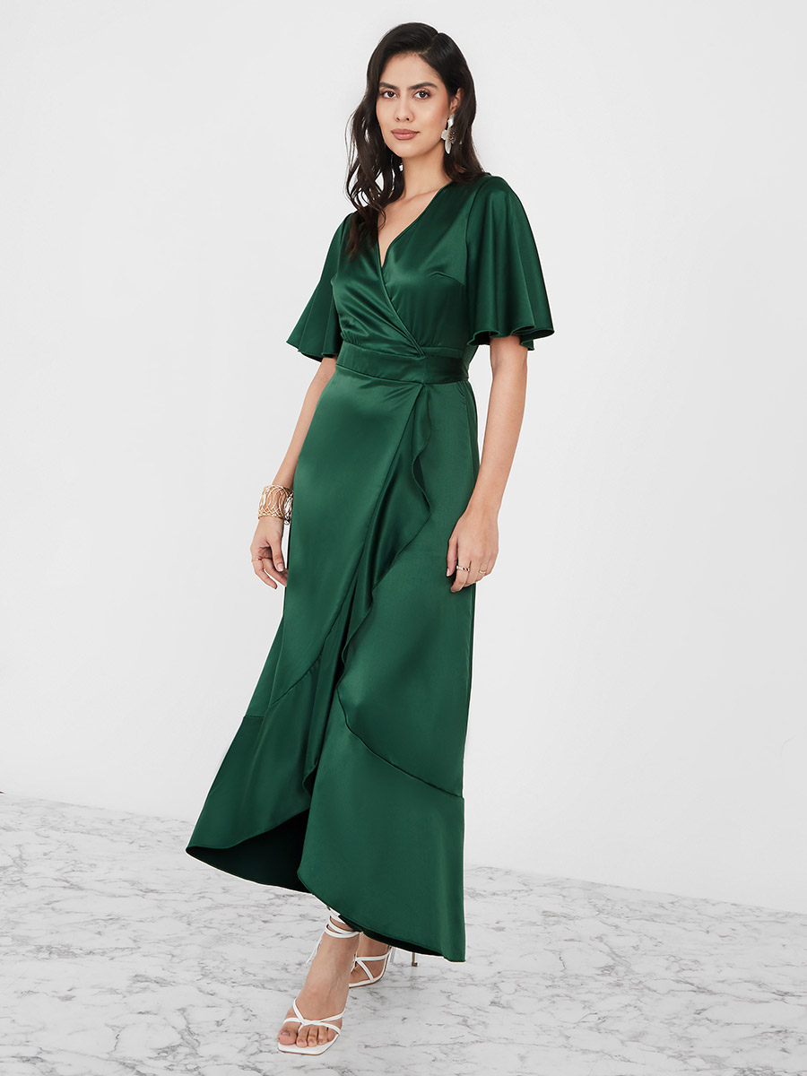 Flare Sleeve Wrap Maxi Dress with Frill Hem For Women at Saudi Styli