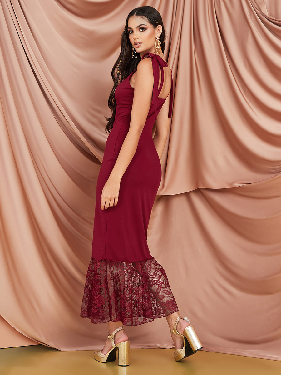 Buy Lace Frill Hem Bodycon Maxi Dress Red For Women Styli Saudi