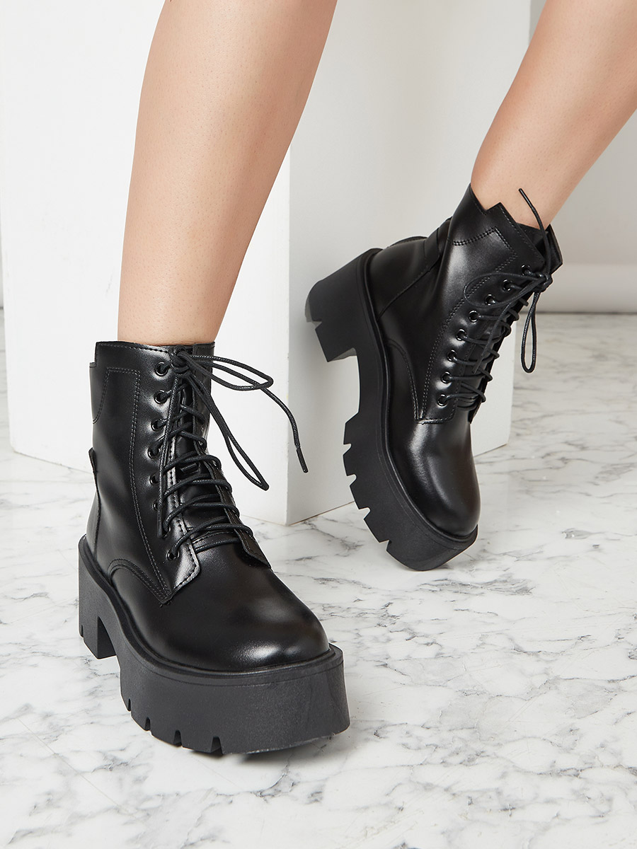 Leather Black Lace Platform Boots Women's Chunky Lace Up Pocket