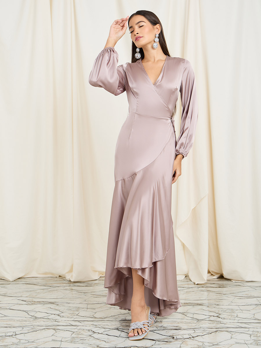 Satin Ruffle Asymmetric Hem Wrap Maxi Dress For Women at Saudi Styli