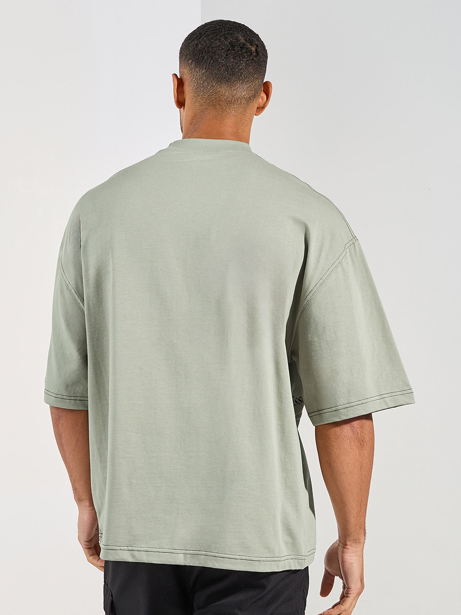 Buy Contrast Stitch Detail Boxy T-Shirt with Wide Rib Neck