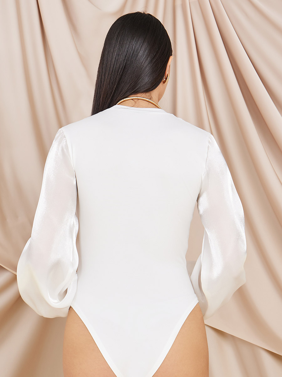 white high neck long sleeve bodysuit