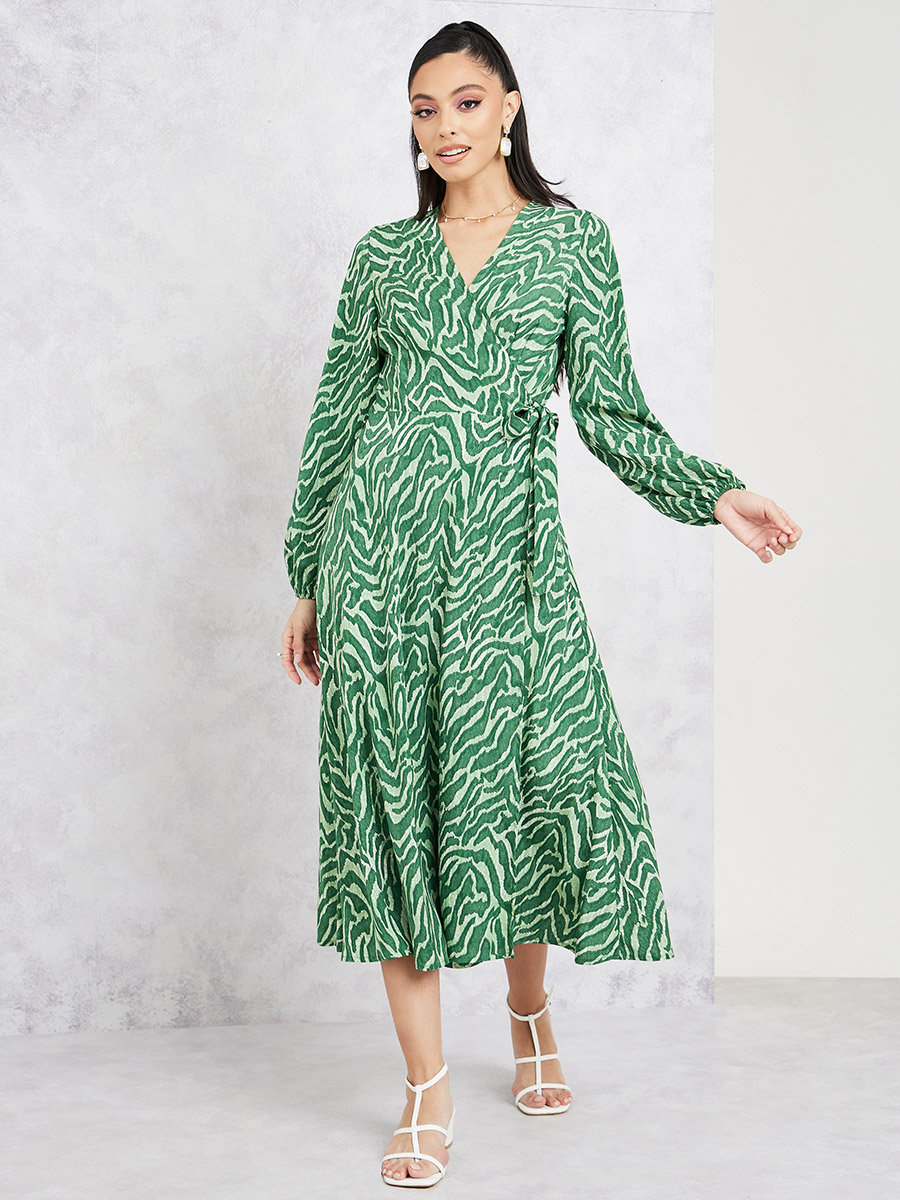Buy Texture Print Wrap A-Line Midi Dress Green For Women