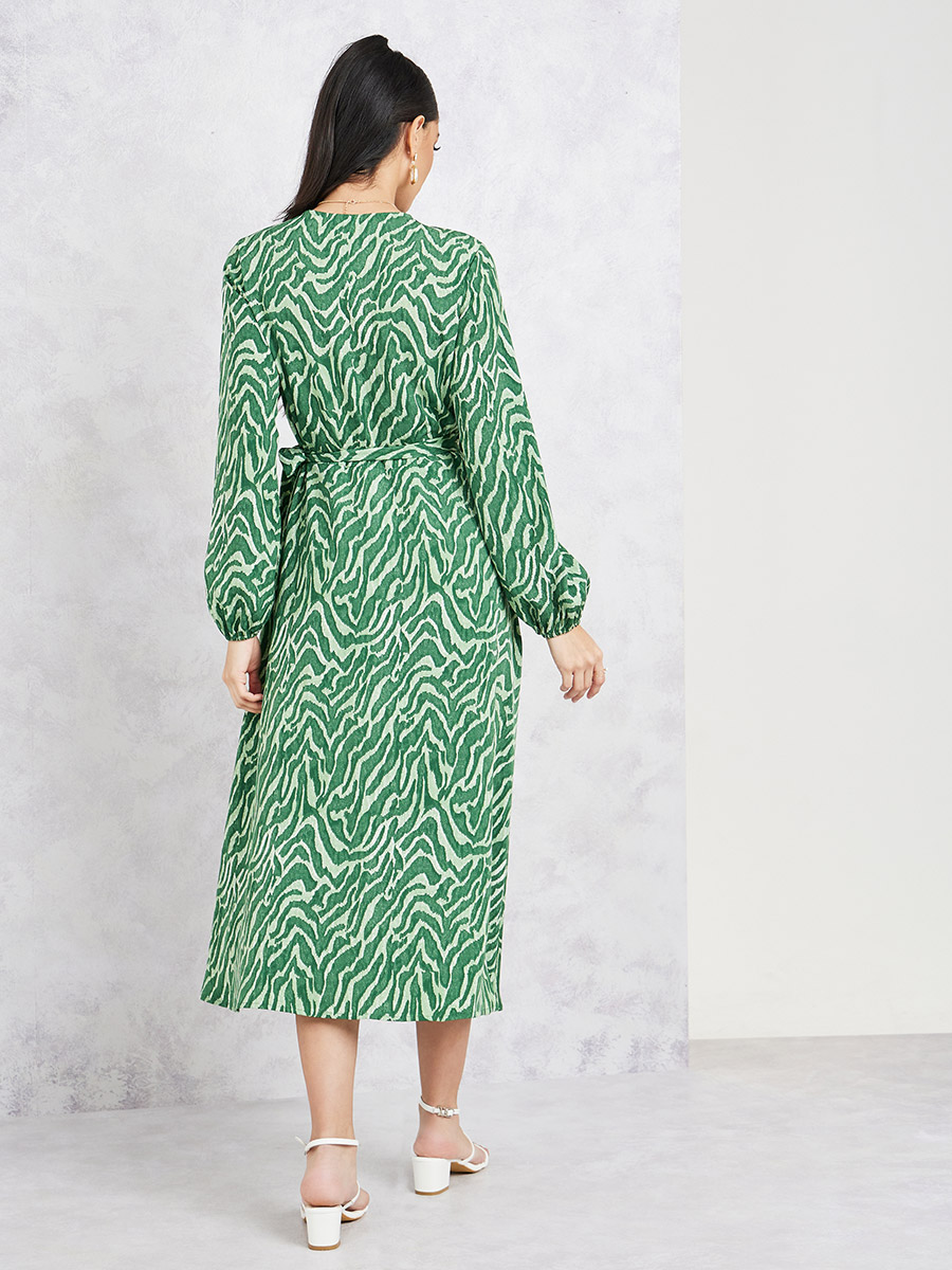 Buy Texture Print Wrap A-Line Midi Dress Green For Women